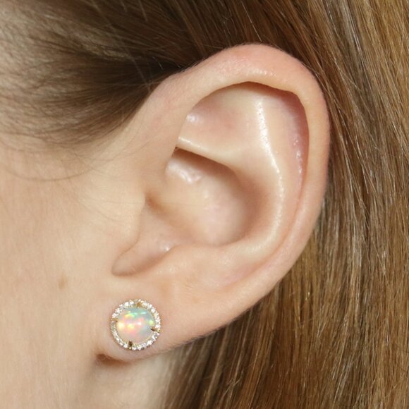 Yellow Gold Opal & Diamond Halo Stud Earrings 14k Round Cabochon 1.06ctw Pierced - Picture 3 of 5